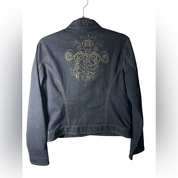 Chicos Platinum Denim Jean Jacket Rhinestone Embellished Size 1 (M) - Picture 6 of 8